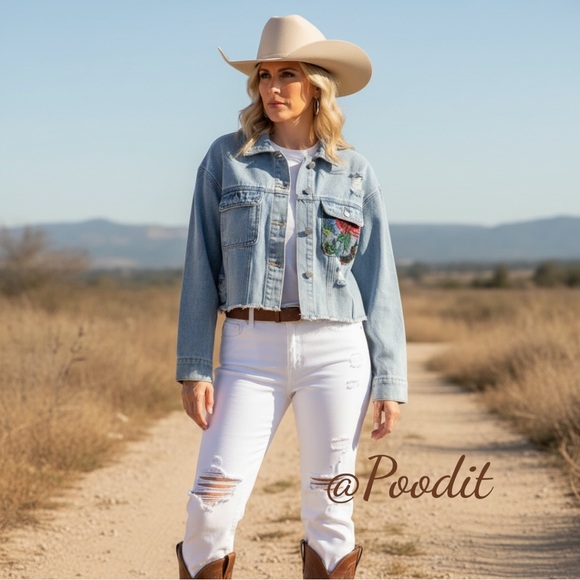 VEVERET gorgeous jean jacket sheer sequin back distressed detail size S M L - Picture 4 of 9